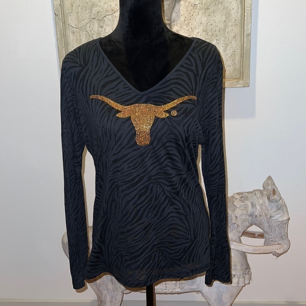 G3 for her by Alyssa Milano black‎ long sleeve sheer top Longhorn bling front XL